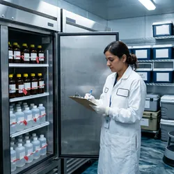 n environmental laboratory cold storage area with labeled sample coolers and refrigerators organized by matrix type. A scientist in a white lab coat is logging information on a clipboard next to an open refrigerator containing rows of labeled environmental sample bottles — some amber glass, some clear plastic — with chain-of-custody seals visible.