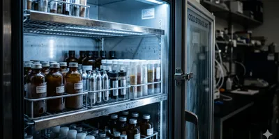 Close-up of a materials science laboratory cold storage unit with the door slightly ajar, revealing neatly organized rows of sealed containers — amber glass bottles, metal cartridges, and cylindrical resin tubes — resting on stainless steel shelves. 