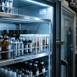 Close-up of a materials science laboratory cold storage unit with the door slightly ajar, revealing neatly organized rows of sealed containers — amber glass bottles, metal cartridges, and cylindrical resin tubes — resting on stainless steel shelves. 