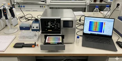 A top-down view of a modern multi-mode microplate reader on a laboratory bench with a 384-well plate loaded in the instrument drawer, flanked by a multichannel pipette, labeled sample tubes in a rack, and a laptop monitor displaying a color-coded fluorescence intensity heatmap.