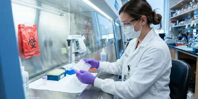 A laboratory worker wearing a lab coat, nitrile gloves, and safety glasses carefully handling a sealed 96-well microplate inside an open Class II biological safety cabinet.