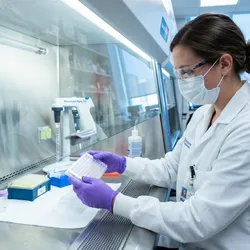 A laboratory worker wearing a lab coat, nitrile gloves, and safety glasses carefully handling a sealed 96-well microplate inside an open Class II biological safety cabinet.