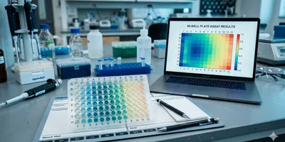 A close-up overhead view of a 96-well microplate in a laboratory setting, with a visible color gradient from the outer wells to the inner wells — border wells showing a slightly different hue to represent signal deviation.