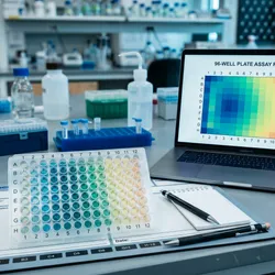 A close-up overhead view of a 96-well microplate in a laboratory setting, with a visible color gradient from the outer wells to the inner wells — border wells showing a slightly different hue to represent signal deviation.