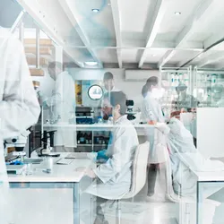 View of busy research laboratory with multiple scientists walking through and working