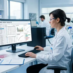 A laboratory scientist at a desktop workstation reviewing a LIMS dashboard on a large monitor, with a microplate reader visible in the background connected via cable to the computer.