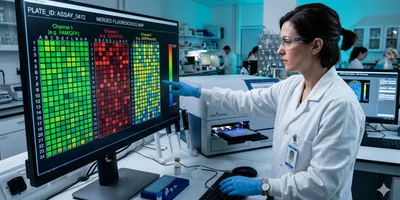 A laboratory scientist examining a multicolor fluorescence plate map on a large computer monitor, with a multi-mode microplate reader running a 384-well plate visible in the background.