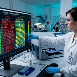 A laboratory scientist examining a multicolor fluorescence plate map on a large computer monitor, with a multi-mode microplate reader running a 384-well plate visible in the background.