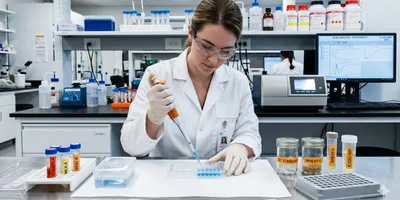 A food laboratory technician in a white lab coat and gloves carefully pipetting samples into a 96-well microplate on a clean laboratory bench. A microplate reader is visible in the background, alongside labeled food sample containers and a calibration standard rack.