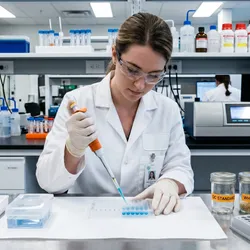 A food laboratory technician in a white lab coat and gloves carefully pipetting samples into a 96-well microplate on a clean laboratory bench. A microplate reader is visible in the background, alongside labeled food sample containers and a calibration standard rack.