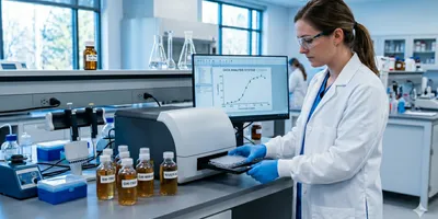 An environmental laboratory scientist in a white lab coat loading a 96-well microplate into a benchtop microplate reader, with water sample collection bottles labeled with field site codes visible on the bench beside them. 