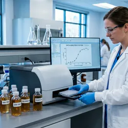 An environmental laboratory scientist in a white lab coat loading a 96-well microplate into a benchtop microplate reader, with water sample collection bottles labeled with field site codes visible on the bench beside them. 