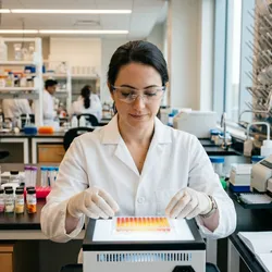 A materials scientist in a laboratory coat examining a 96-well microplate held up to the light, showing a visible color gradient across rows of wells representing different catalyst activities. 