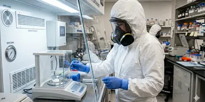 Photorealistic laboratory scene. A scientist in full PPE — white disposable coveralls, a full-face respirator, and double nitrile gloves — carefully dispensing a small amount of fine white powder into a weighing vessel on an analytical balance inside a negative-pressure powder containment enclosure. The enclosure has a clear front panel and ventilation grilles. Overhead lighting is bright and clinical. Background shows a clean laboratory environment. 