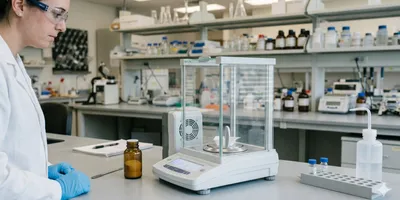 Photorealistic laboratory scene. A scientist in a white lab coat and nitrile gloves carefully placing a small plastic weighing boat onto the pan of an analytical balance. An ionizing blower unit is visible inside the open draft shield, and the balance display shows a fluctuating reading. 