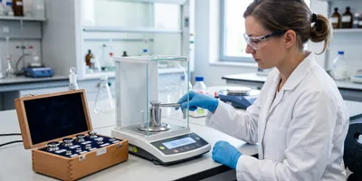 Photorealistic laboratory scene. A scientist in a white lab coat using clean stainless steel forceps to carefully place a polished cylindrical reference weight onto the pan of an analytical balance.