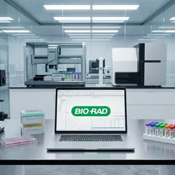 a modern biotech lab with an open laptop on the bench showing the Bio-Rad corporate logo
