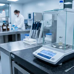 A close-up photograph of a modern analytical balance in a pharmaceutical laboratory, displaying a digital weight readout. 