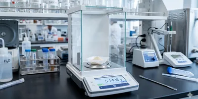 A clean, professional photograph of an analytical balance in a food science laboratory.