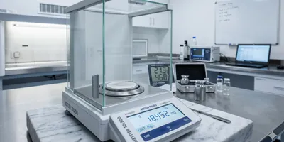 A close-up professional photograph of a microbalance in a clean environmental monitoring laboratory.
