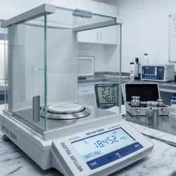 A close-up professional photograph of a microbalance in a clean environmental monitoring laboratory. 