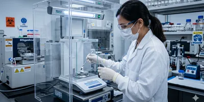 A professional laboratory photograph of a scientist in a cleanroom-style lab coat and gloves carefully transferring a very small quantity of dark nanopowder into a metal weigh boat on an analytical microbalance inside a HEPA-filtered enclosure. 