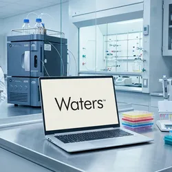 a modern biotech lab with an open laptop on the lab bench displaying the Waters logo