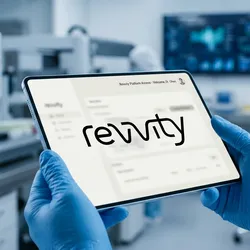 lab technician holding a tablet displaying the Revvity logo in a modern biotech lab