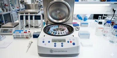 Photorealistic laboratory setting, close-up of a modern benchtop refrigerated centrifuge with the lid open, showing a fixed-angle rotor loaded with 1.5 mL microcentrifuge tubes.