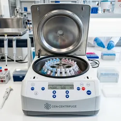 Photorealistic laboratory setting, close-up of a modern benchtop refrigerated centrifuge with the lid open, showing a fixed-angle rotor loaded with 1.5 mL microcentrifuge tubes. 