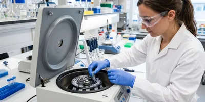Photorealistic laboratory safety scene: a scientist in a white lab coat, nitrile gloves, and chemical splash goggles carefully loading balanced microcentrifuge tubes into a fixed-angle rotor inside an open benchtop centrifuge. 