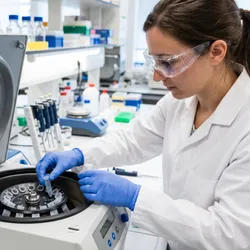 Photorealistic laboratory safety scene: a scientist in a white lab coat, nitrile gloves, and chemical splash goggles carefully loading balanced microcentrifuge tubes into a fixed-angle rotor inside an open benchtop centrifuge. 