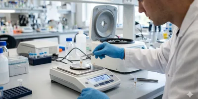 Photorealistic close-up of a laboratory scientist using a precision analytical balance to weigh paired microcentrifuge tubes before loading them into a benchtop centrifuge.