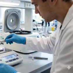 Photorealistic close-up of a laboratory scientist using a precision analytical balance to weigh paired microcentrifuge tubes before loading them into a benchtop centrifuge.