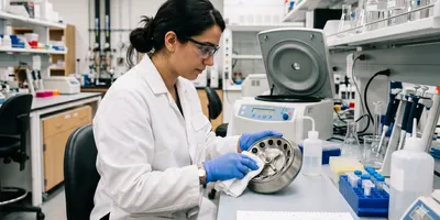 Photorealistic laboratory scene: a lab technician in a white coat and nitrile gloves carefully cleaning a fixed-angle centrifuge rotor with a lint-free cloth at a laboratory bench.
