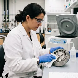 Photorealistic laboratory scene: a lab technician in a white coat and nitrile gloves carefully cleaning a fixed-angle centrifuge rotor with a lint-free cloth at a laboratory bench.