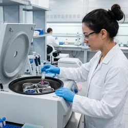 Photorealistic pharma laboratory scene: a scientist in a white lab coat and blue nitrile gloves loading balanced cell culture tubes into a large benchtop refrigerated centrifuge with a swinging-bucket rotor.