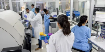 Group of scientists working at the laboratory processing blood samples