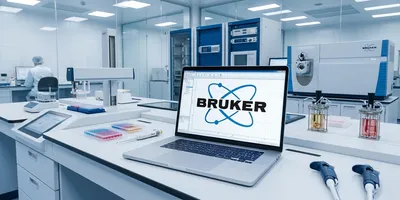 a modern lab with a laptop computer on the bench displaying the Bruker Corporation logo