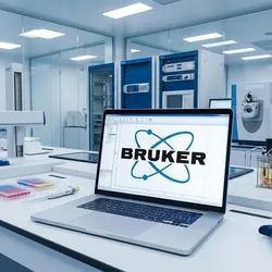 a modern lab with a laptop computer on the bench displaying the Bruker Corporation logo