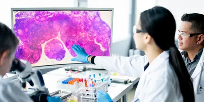 Medical professionals reviewing digital pathology on a screen