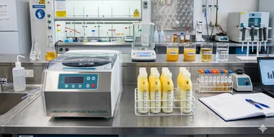 A professional food science laboratory bench photographed in bright, clinical lighting. A refrigerated benchtop centrifuge is running in the foreground, its digital display showing temperature and speed settings. 