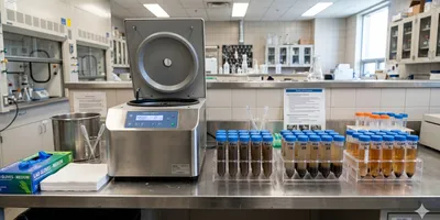 A professional environmental science laboratory. A refrigerated benchtop centrifuge sits on a stainless steel bench beside rows of capped polypropylene 50 mL conical tubes containing brown-tinted wastewater samples at various stages of separation — cloudy influent, partially settled mid-spin, and clear supernatant post-centrifugation.
