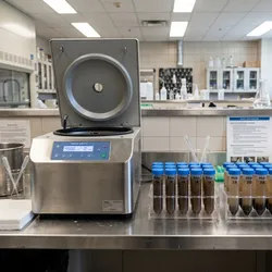 A professional environmental science laboratory. A refrigerated benchtop centrifuge sits on a stainless steel bench beside rows of capped polypropylene 50 mL conical tubes containing brown-tinted wastewater samples at various stages of separation — cloudy influent, partially settled mid-spin, and clear supernatant post-centrifugation.