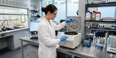 A researcher in a white lab coat and nitrile gloves carefully removes a centrifuge tube from a benchtop ultracentrifuge. The tube shows a visible color gradient — pale amber at top fading to deep gold at the bottom — representing separated nanoparticle fractions. 