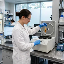 A researcher in a white lab coat and nitrile gloves carefully removes a centrifuge tube from a benchtop ultracentrifuge. The tube shows a visible color gradient — pale amber at top fading to deep gold at the bottom — representing separated nanoparticle fractions. 