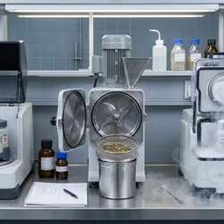 A professional analytical laboratory bench featuring three different lab mills side by side: a planetary ball mill with agate grinding jars open, a knife/cutting mill with a mesh sieve insert, and a compact cryogenic mill with wisps of liquid nitrogen vapor.