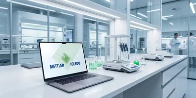 modern laboratory with open laptop on bench showing METTLER Toledo logo