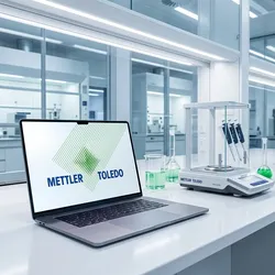 modern laboratory with open laptop on bench showing METTLER Toledo logo
