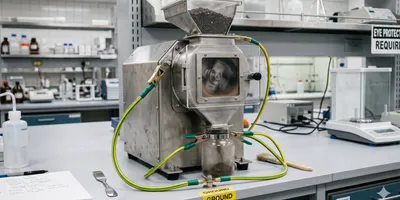 A close-up, eye-level laboratory scene showing a stainless-steel bench-top hammer mill in operation on a clean lab workbench.